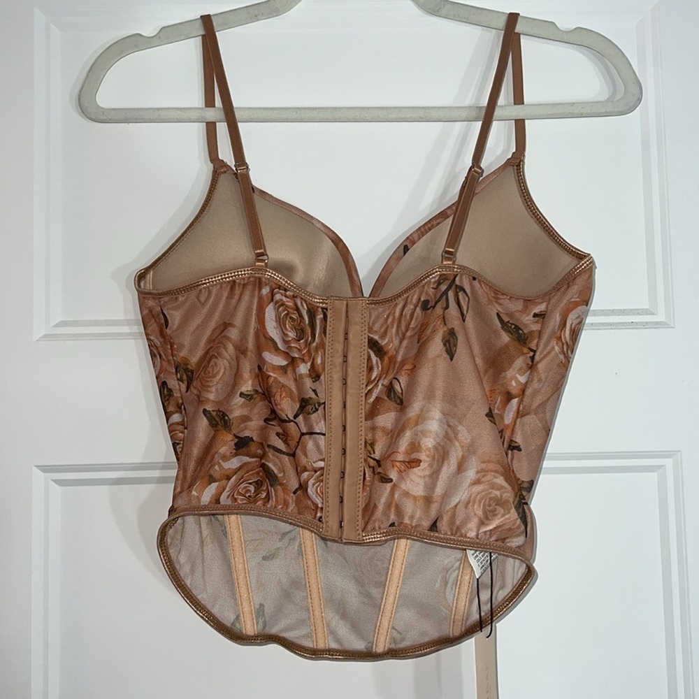 Floral Print Ruched Bustier Mesh Beige/Brown Corset Top size Medium US 6 - Picture 8 of 12